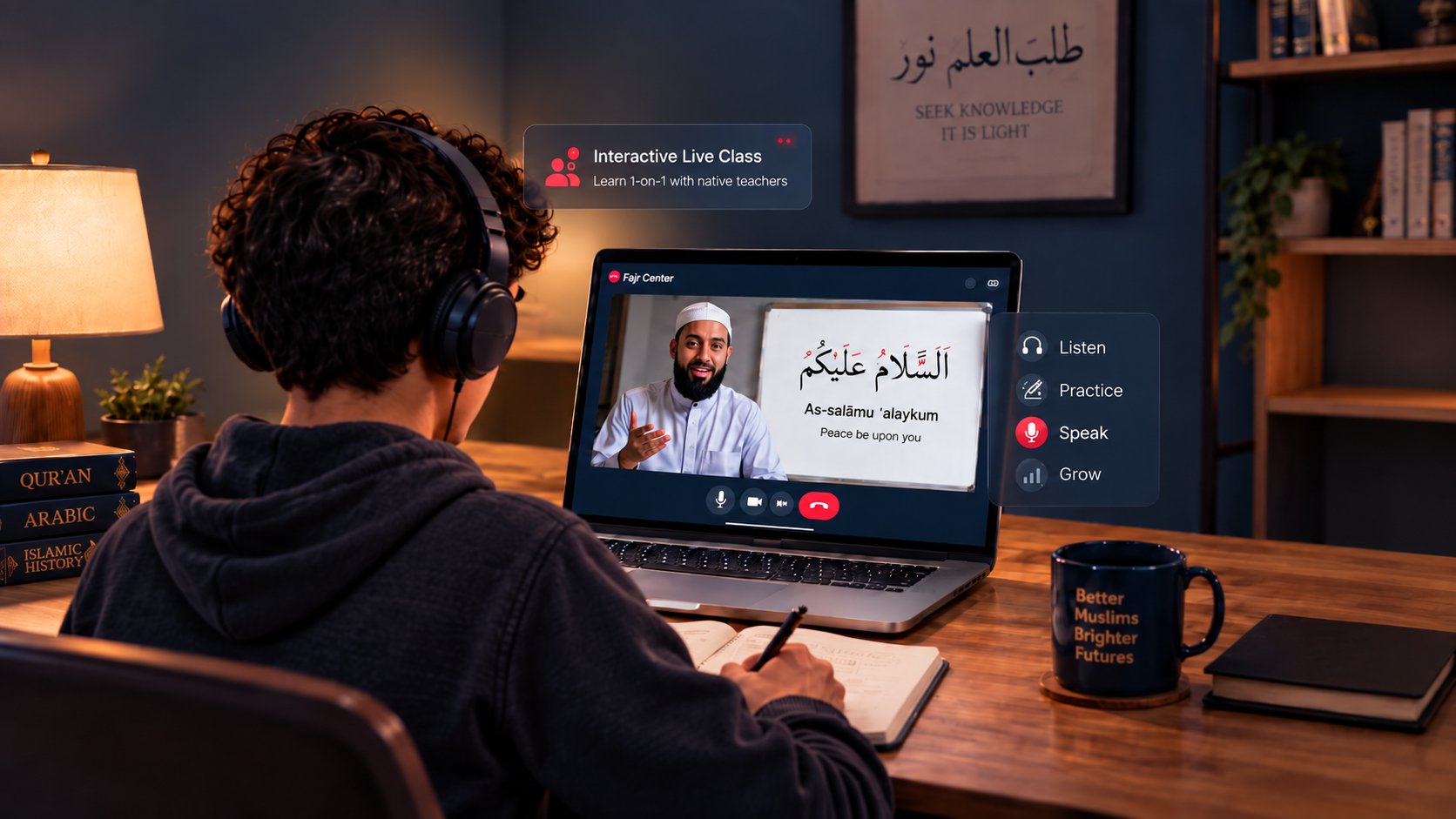 Student learning Arabic online with headphones